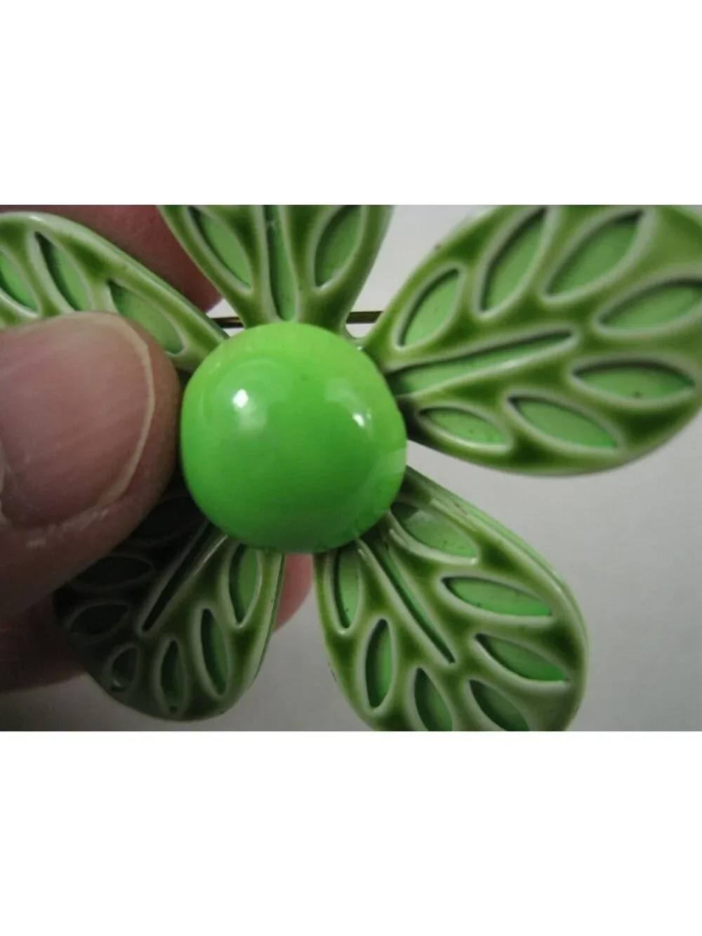 Vintage 1960s Green Enamel Flower Leaf Brooch Pin MOD Mid Century Statement